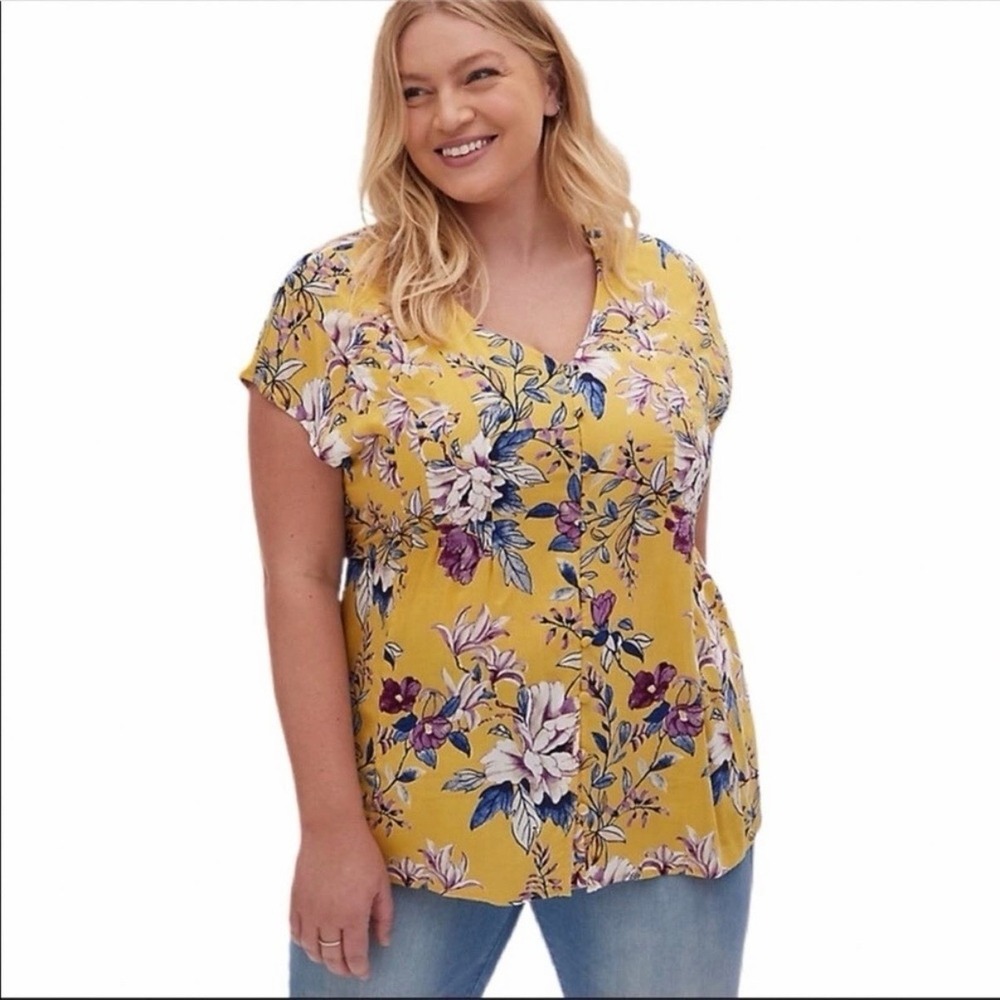 Torrid Yellow Colorful Floral Challis Button Lightweight Pullover Top‎ Size 2X